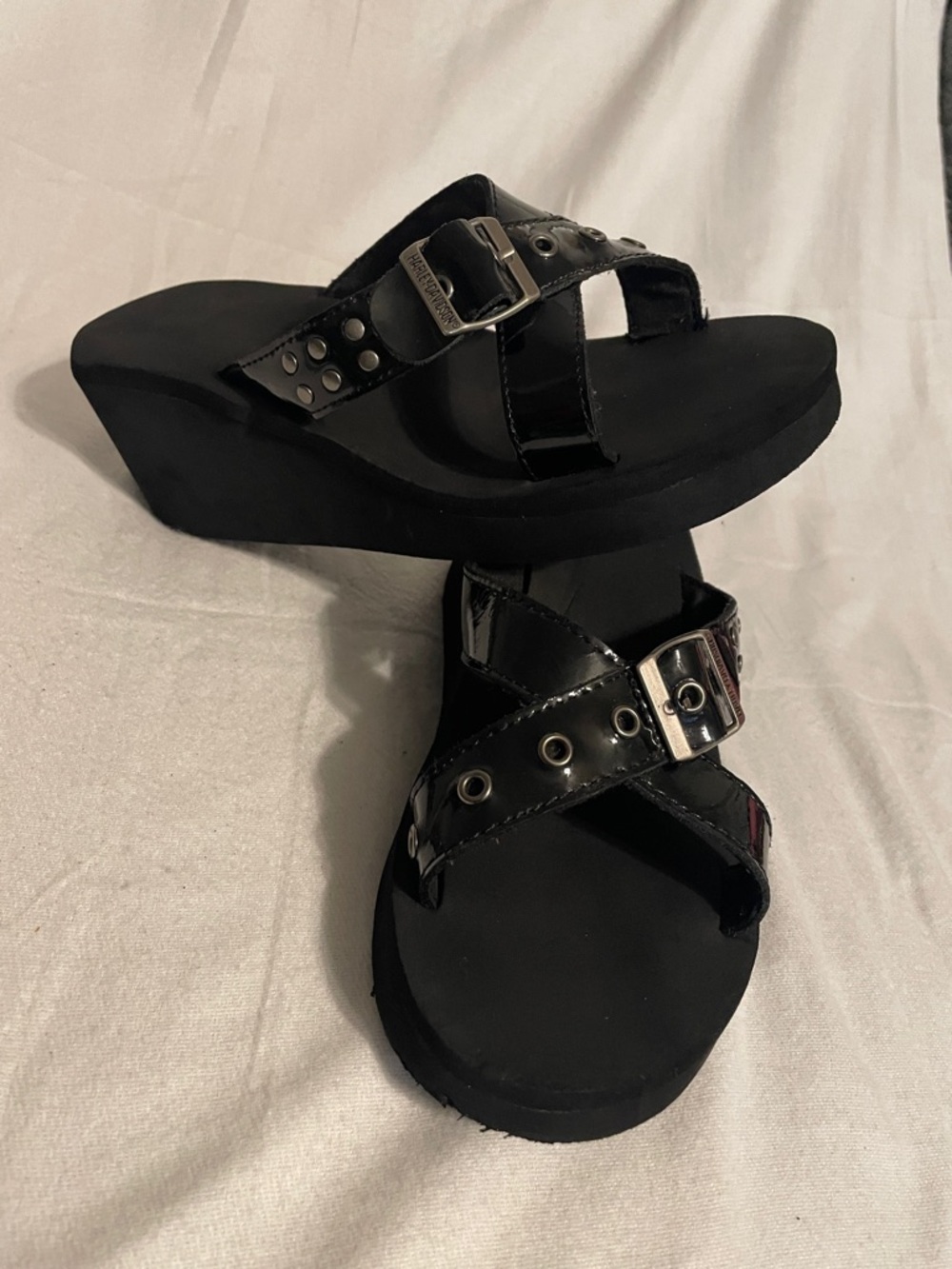 Harley-Davidson Black Patent Wedge Sandals with Buckle Details